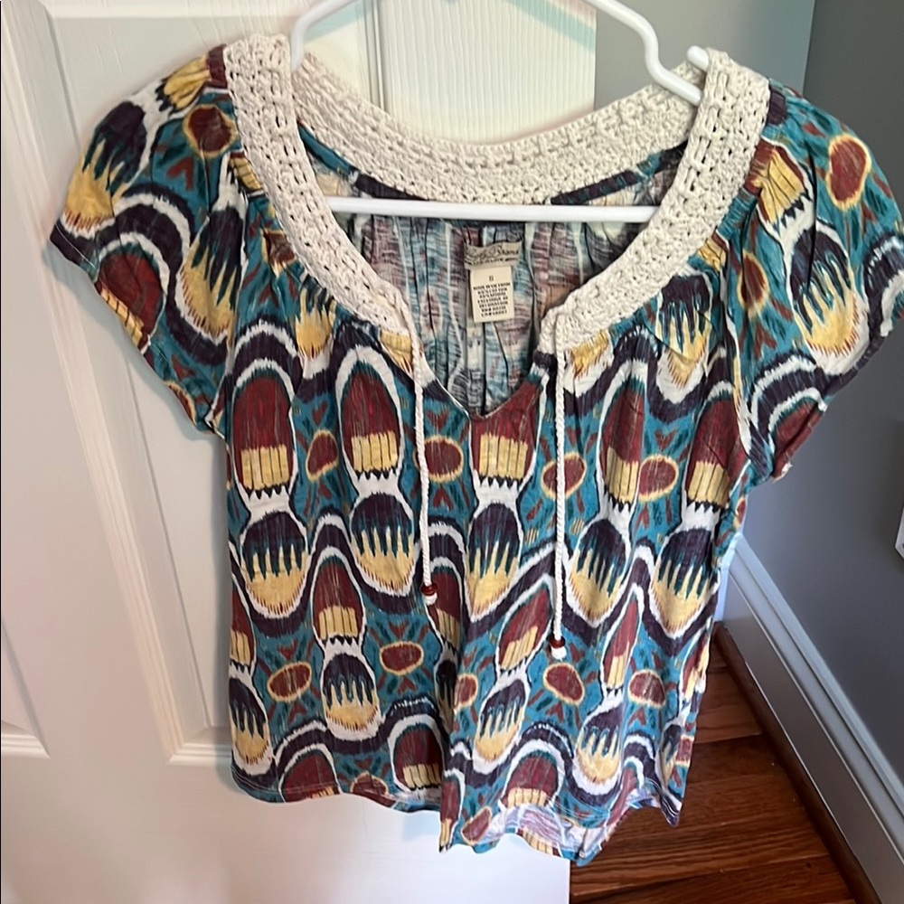 Lucky Brand Blue and Yellow Tie Front Blouse